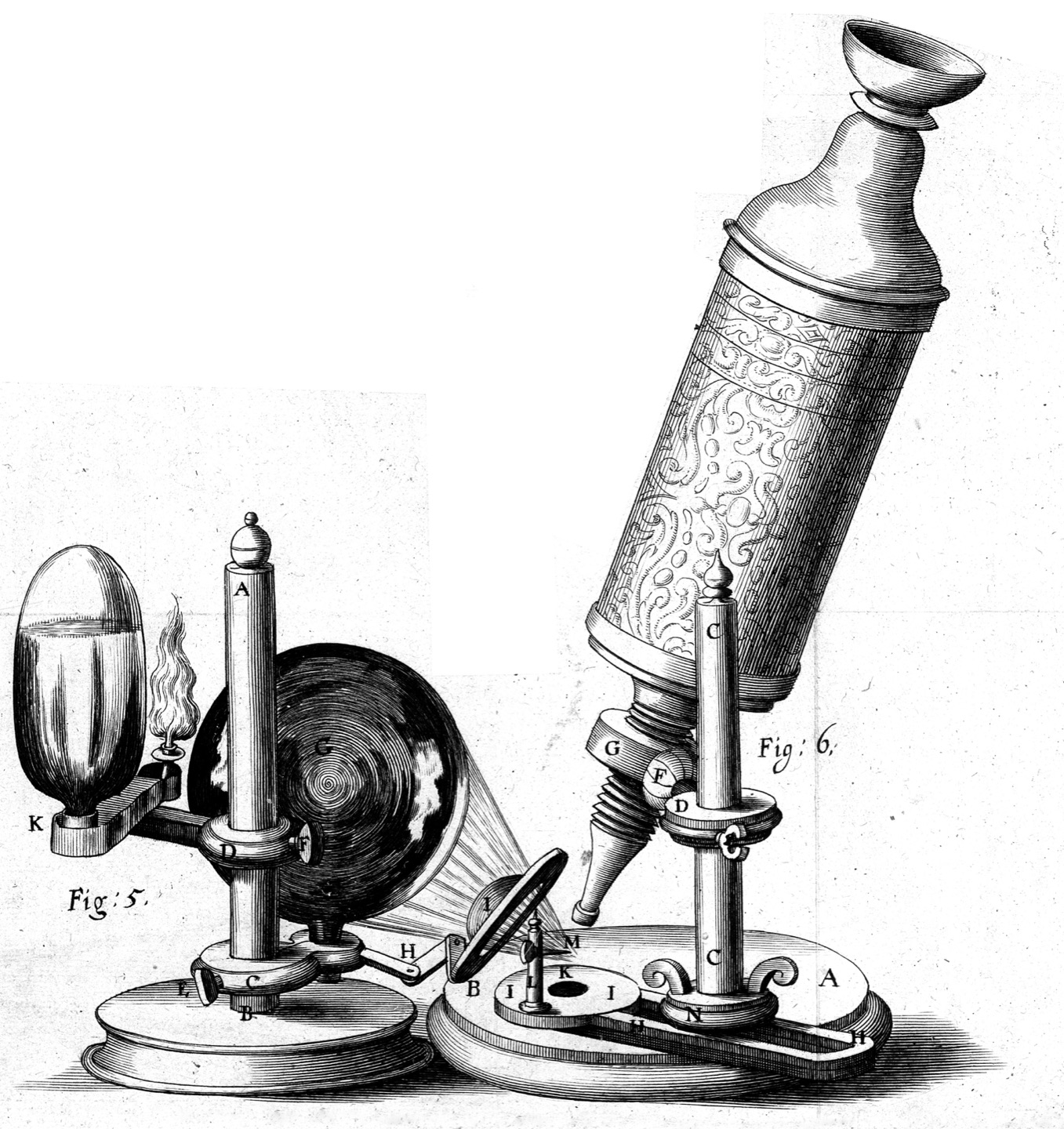 Engraving of Robert Hooke's compound microscope from Micrographia, 1665: an ornate leather-covered tube on a stand, beside an oil lamp and a water-filled glass globe used to concentrate light onto the specimen