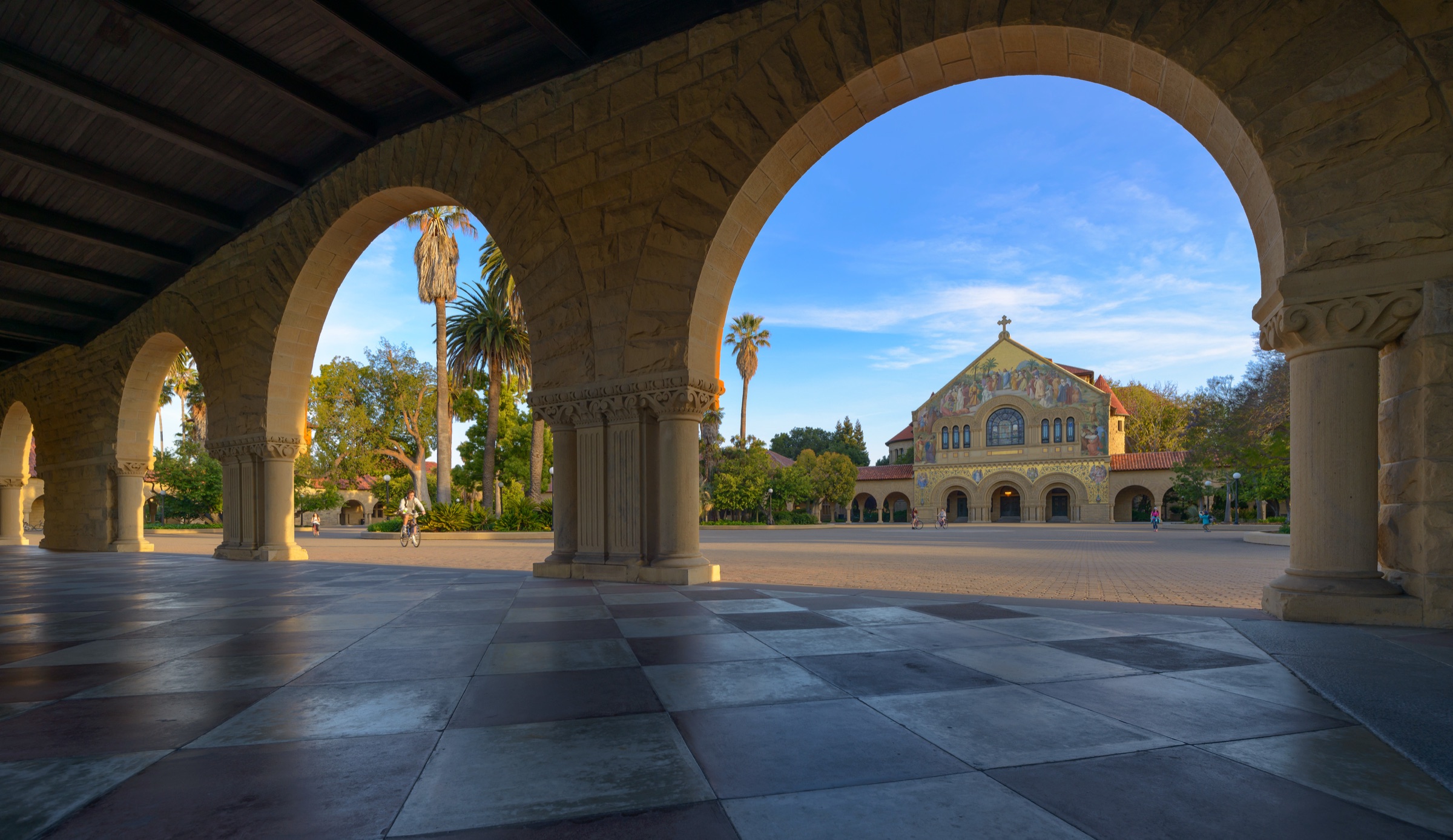 Memorial Church seen through the arcades of Stanford's Main Quad